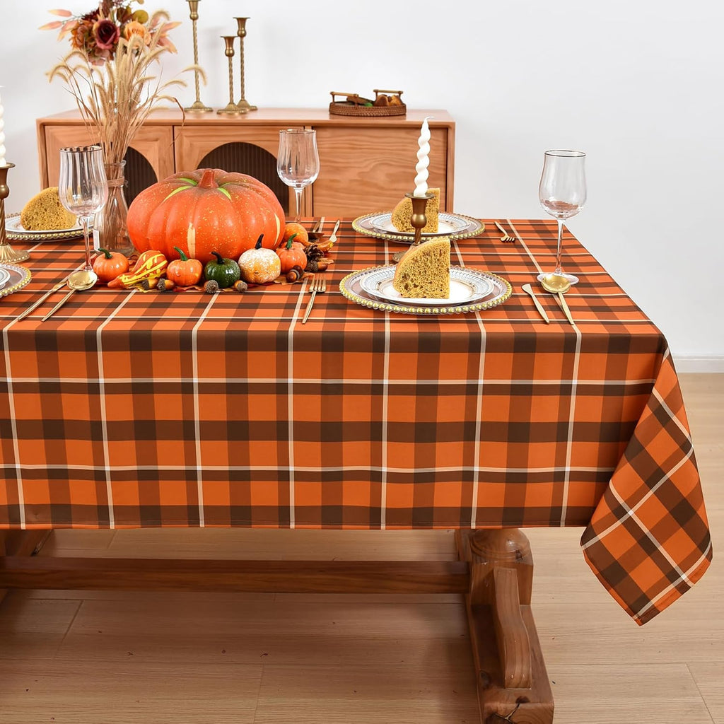 Waterproof Gingham Festive Tablecloth Fabric - Oblong 52x70 Inch Classic Buffalo Tartan Autumn