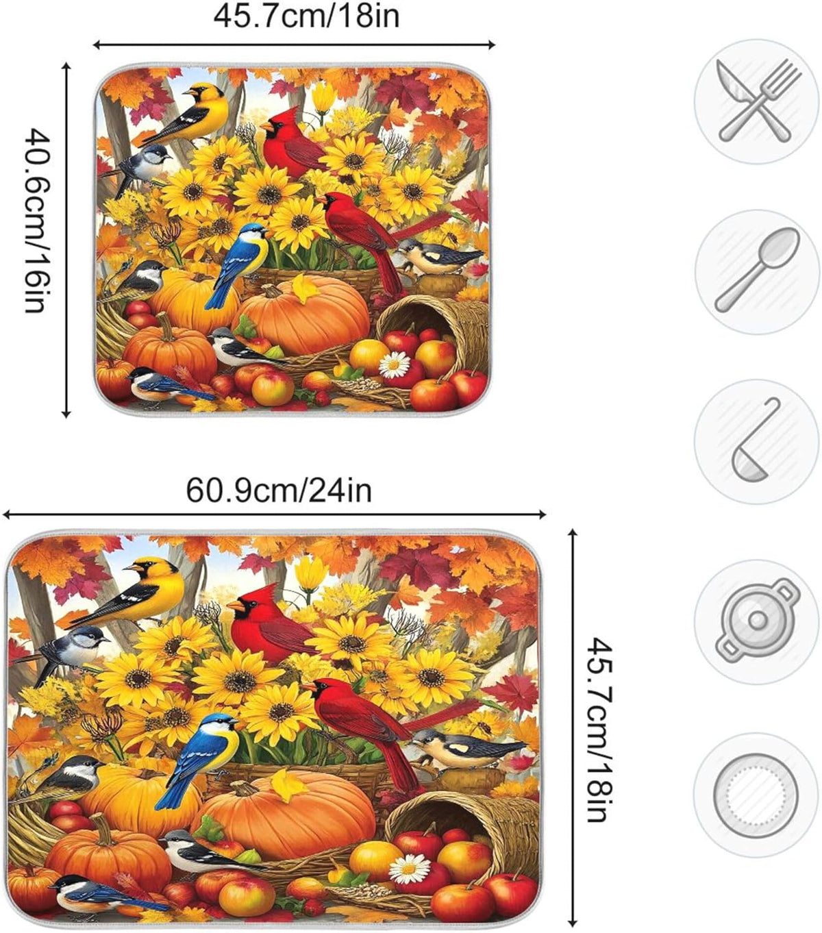 Fall Birds Dish Drying Mat for Kitchen Countertop 18x24 Autumn Pumpkin Sunflower Large Drying Mat