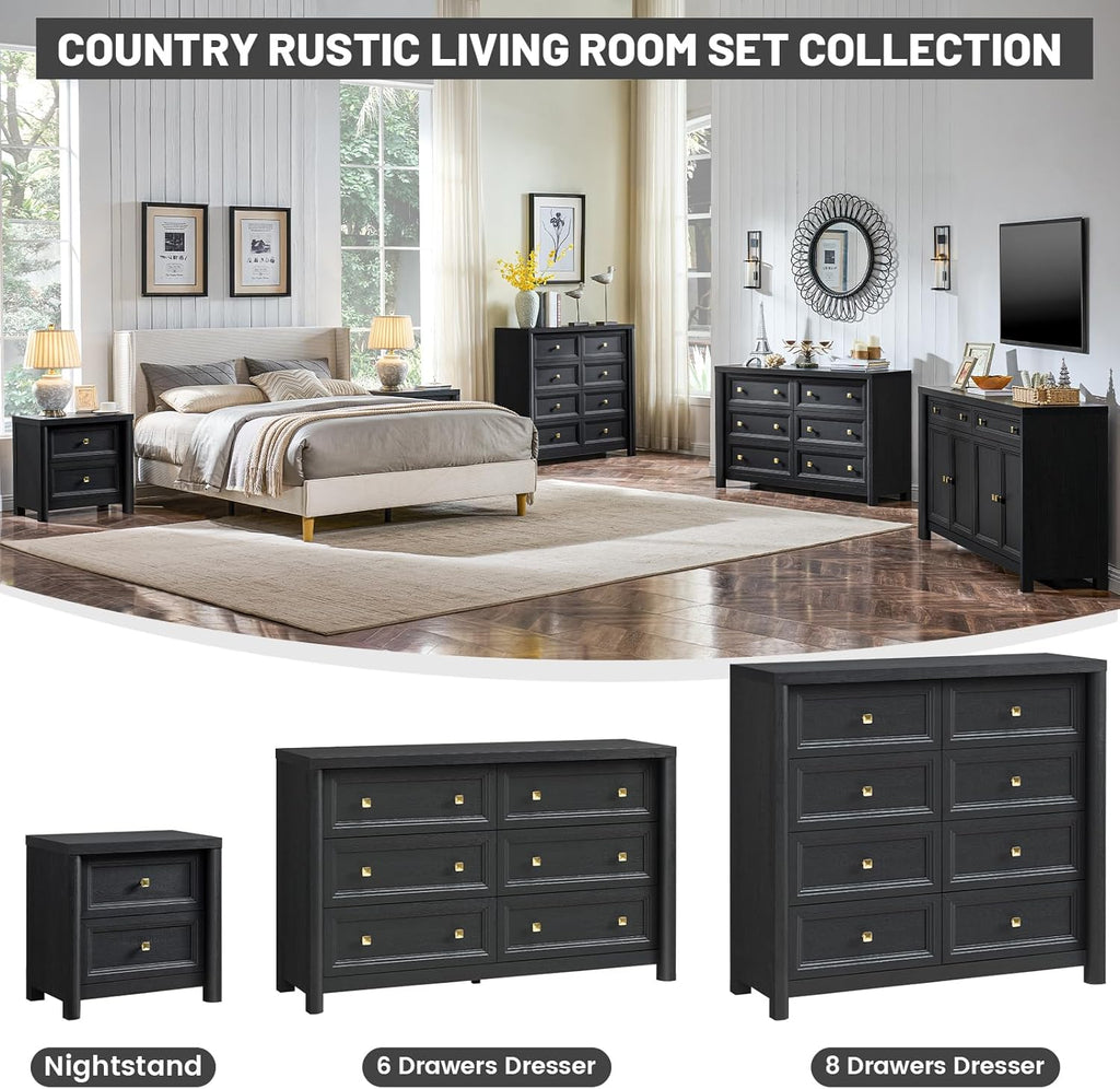 Black Dresser, Farmhouse 6 Drawer Dresser for Bedroom, 52 inch Wide Dressers with Deep Drawers