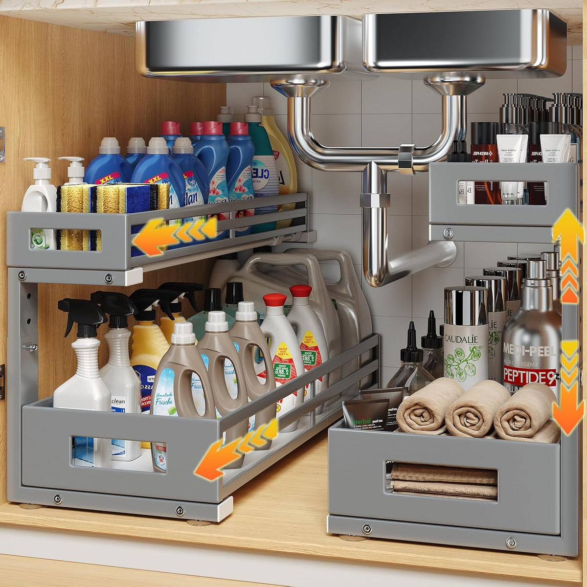 2-Pack 20.47"Deep Under Sink Organizer And Storage,2-Tier L-Shaped Pull Out Cabinet Organizer with