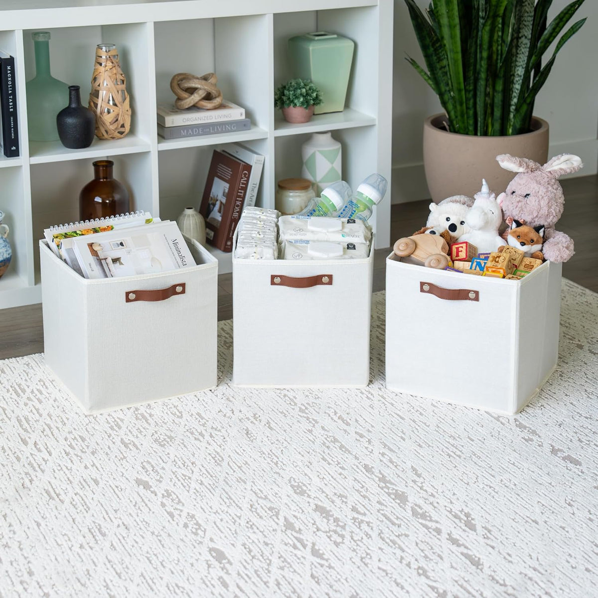 OrganiHaus White 12x12 Fabric Storage Bins - Set of 4, Cube Fabric Organizer Bins with Vegan