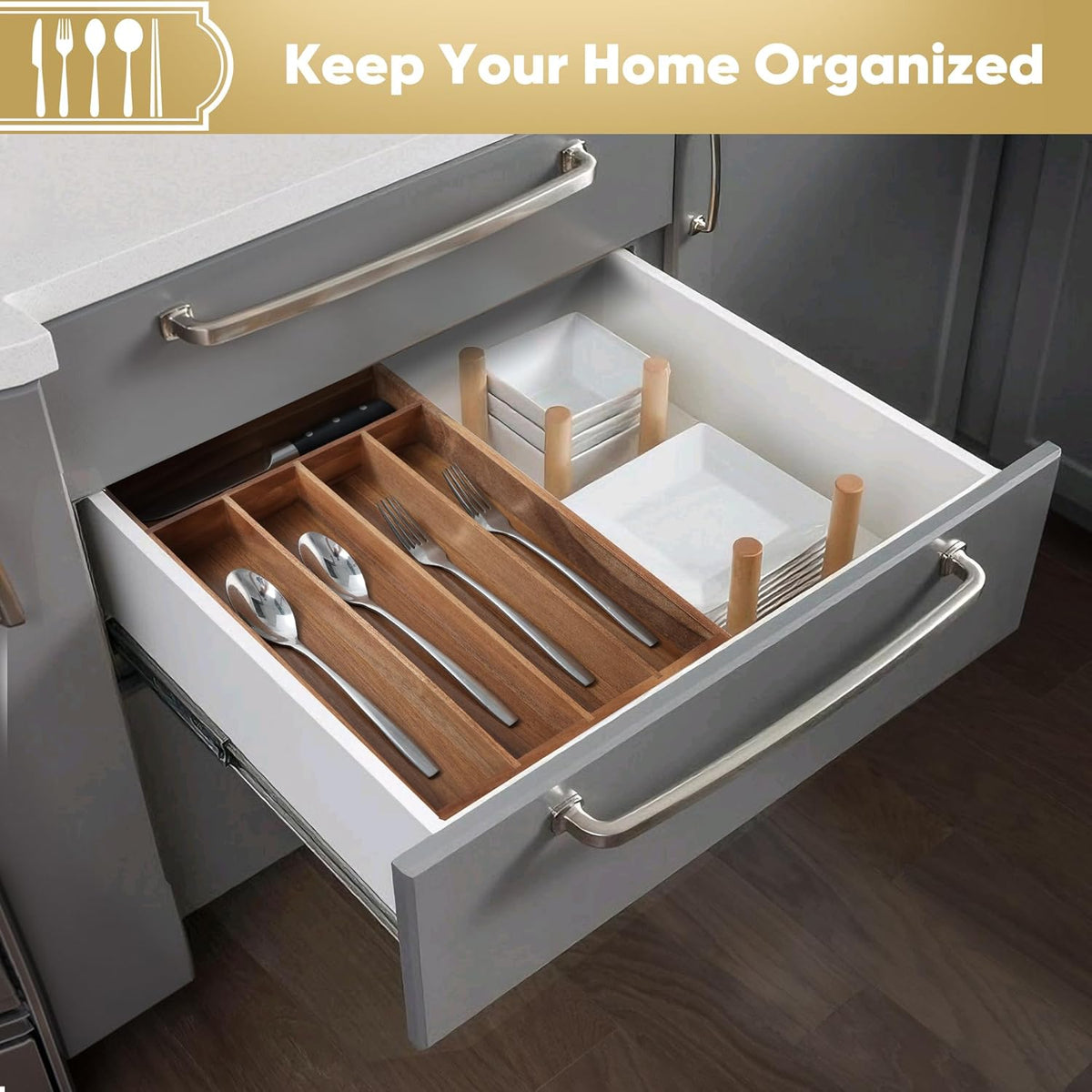 Silverware Organizer, 10 Inch Utensil Organizer Kitchen Drawer Organizer Acacia Silverware Holder