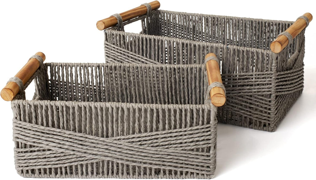 LA JOLIE MUSE Wicker Storage Baskets for Organizing, Recyclable Paper Rope Basket with Wood