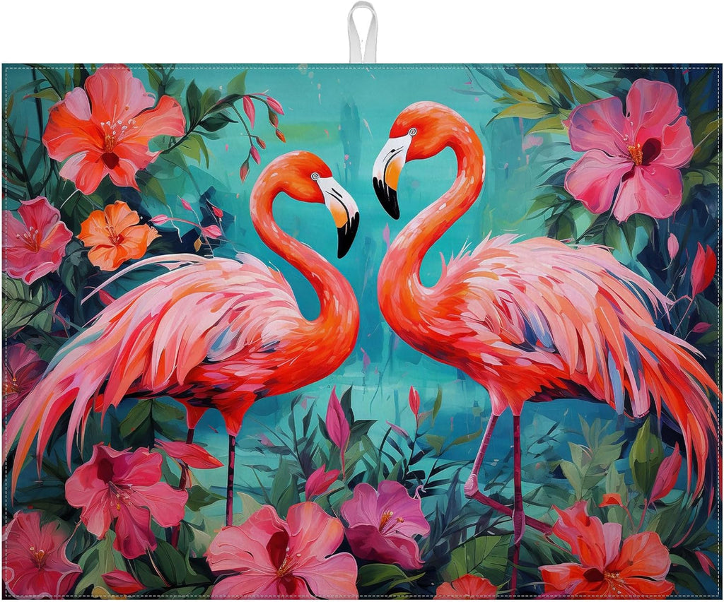 Tropical Flower Flamingo Dish Drying Mat for Kitchen Counter Microfiber Absorbent Dish Kitchen