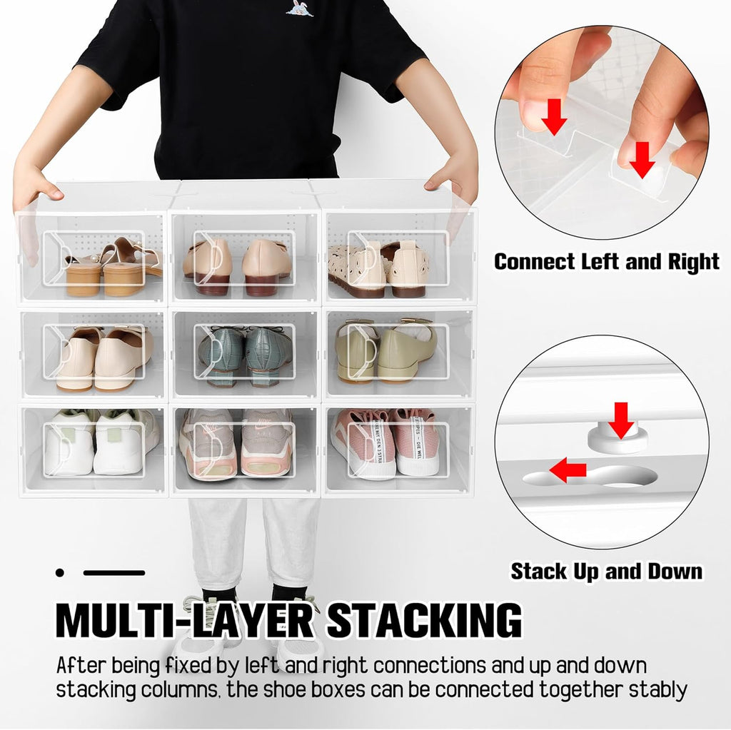 Kuject 15 Pack Shoe Storage Boxes, Large Clear Plastic Stackable Shoe Organizer for Closet, Connect