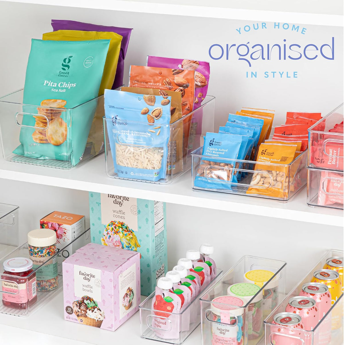 Plastic Food Storage 2 Pack Clear Container Bin with Handles for Organizing Kitchen, Pantry
