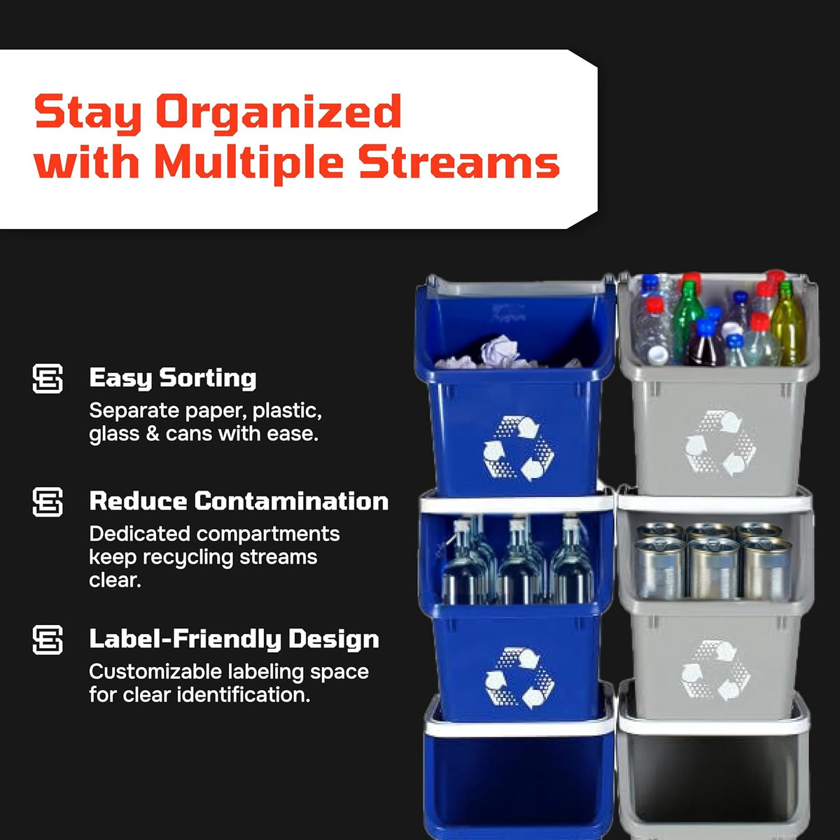 Multi Bin Recycling System with Six Stackable 6 Gallon Recycle Bins to Build Your Recycling Center