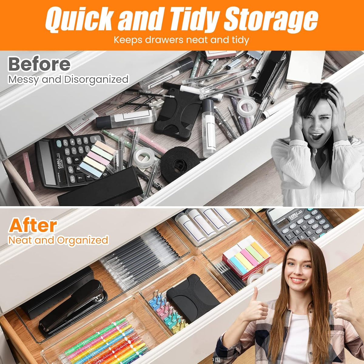 9 Pack Clear Plastic Drawer Organizer Set, Acrylic Non Slip Non Cracking Kitchen Drawer Storage