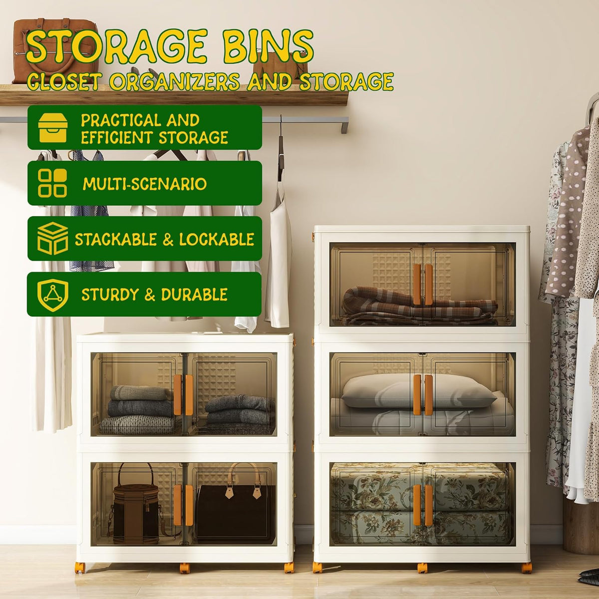 2 Tier Extra Large Stackable Storage Bins with 1 Lid 155 QT/Tier, Collapsible Plastic Box Storage