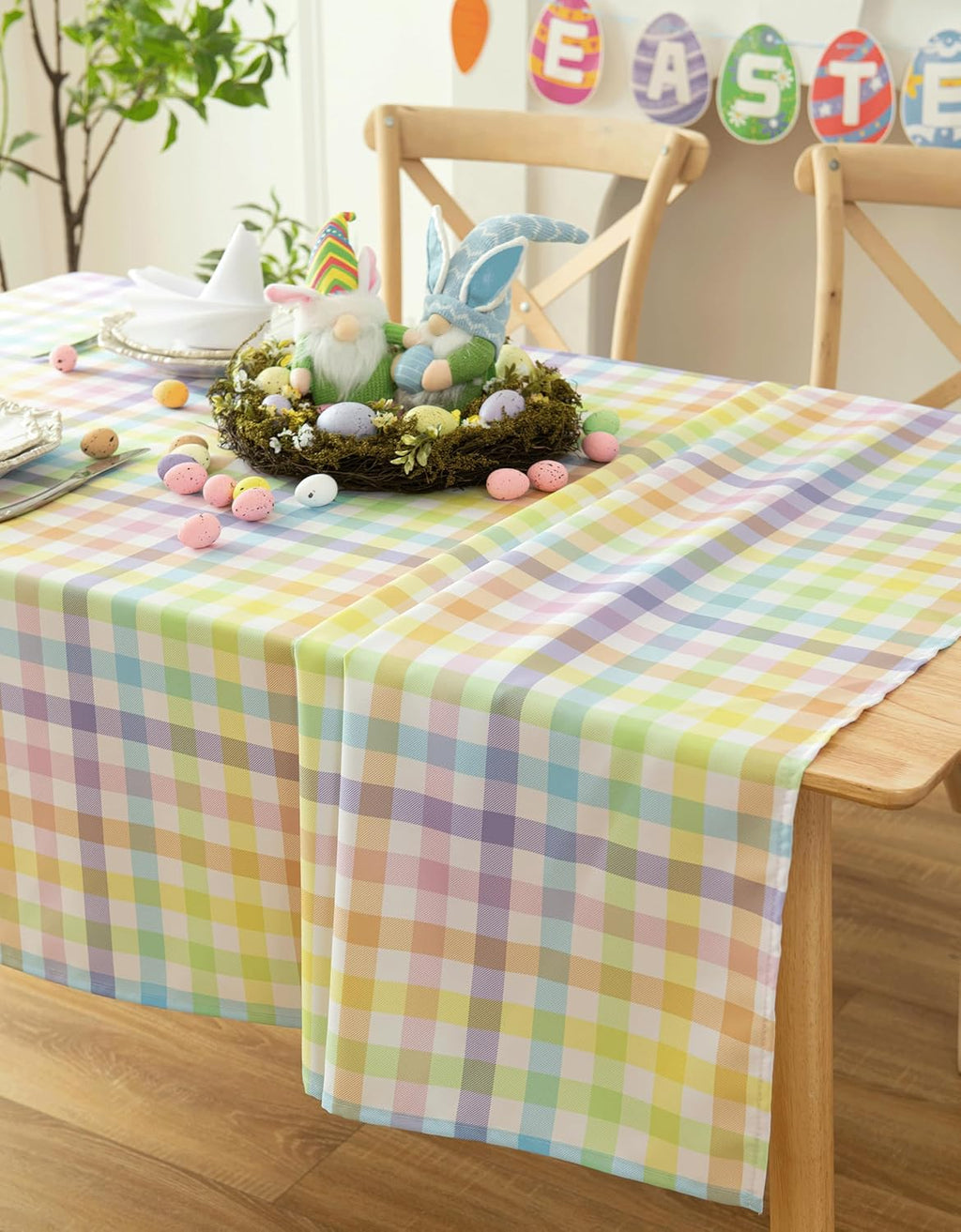 Waterproof Plaid Easter Tablecloth Fabric - Spring Square 58x58 Inch Classic Gingham Checker