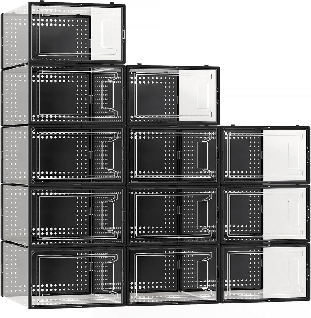 12 Pack X Large Shoe Storage Organizer for Closet, Modular Space Saving Shoe Boxes Clear Plastic