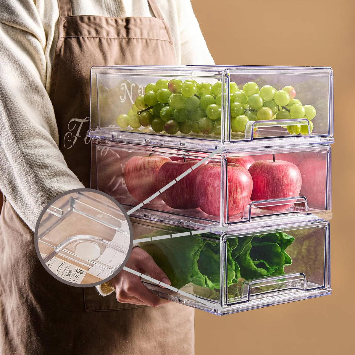 PeJeyiee 6 Pack Clear Stackable Refrigerator Organizers and Storage Drawers - Pull-Out Fridge Bins