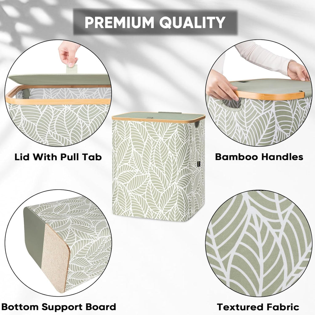 BALEINE Laundry Hamper with Lid, Tall Laundry Baskets with Bamboo Pull Handles, Large Laundry Bin