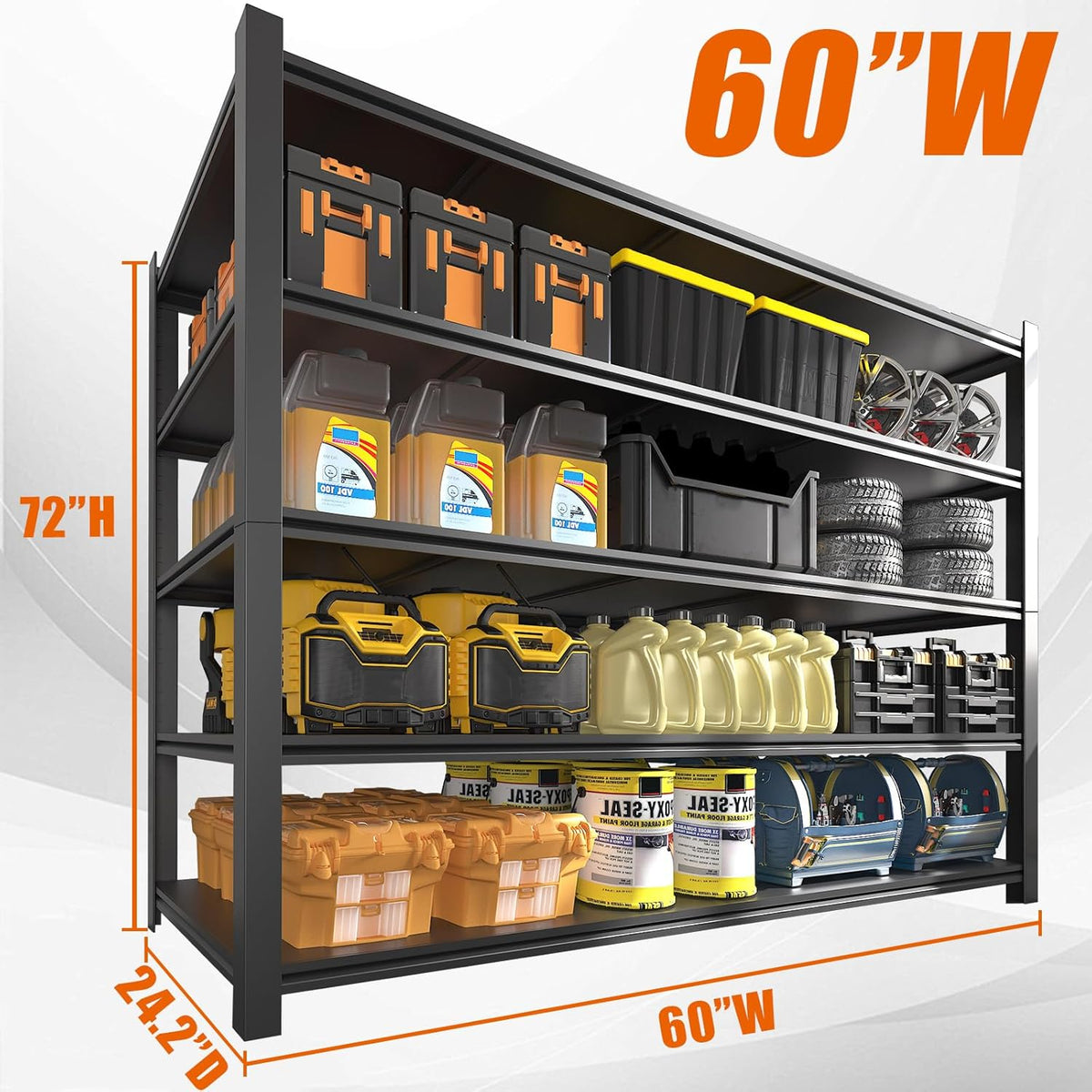 60"W Garage Shelving Heavy Duty Metal Shelving 3000LBS Storage Shelves Adjustable 5 Tier Metal