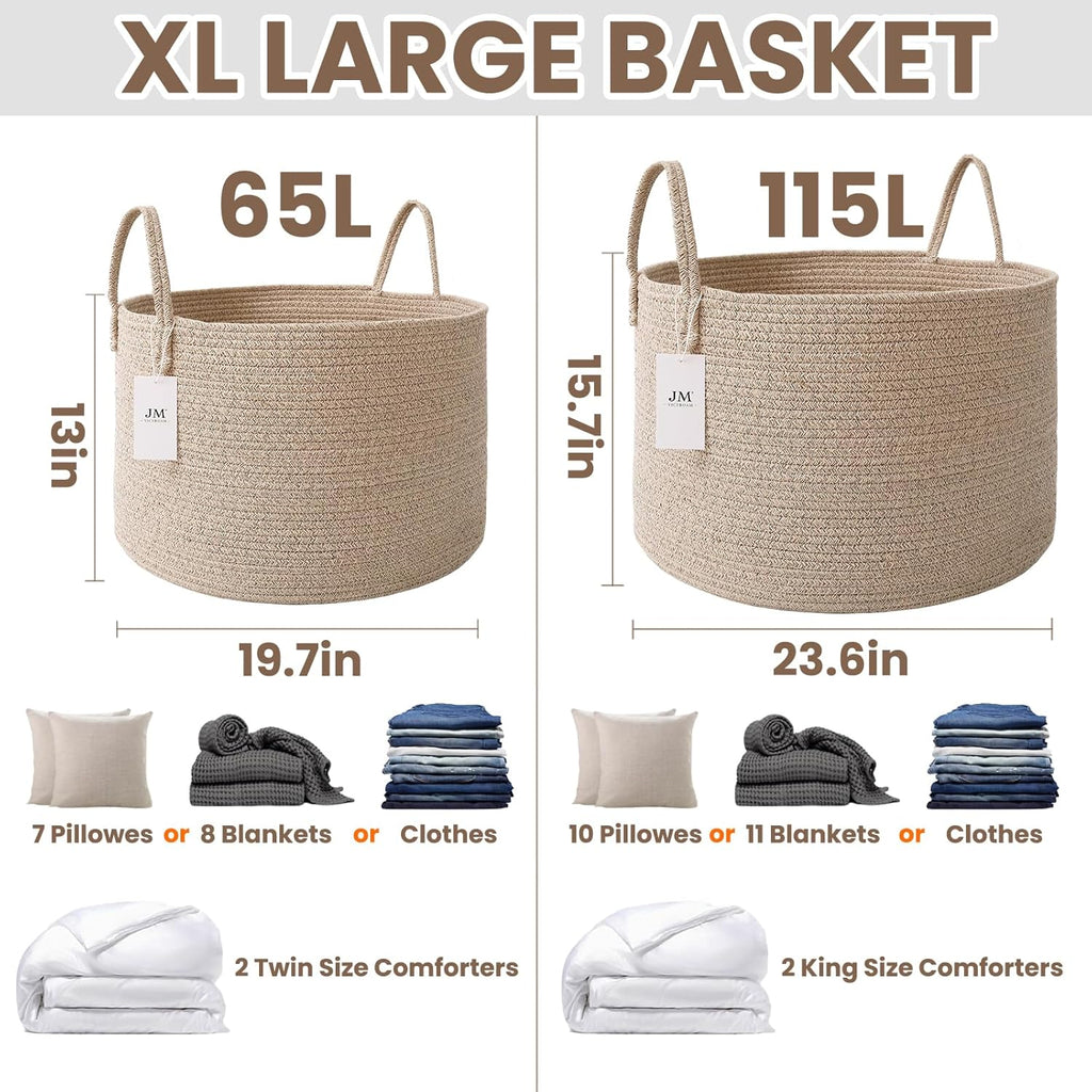Woven Blanket Basket,65L Large Rope Storage Bin with Handles, Organizer for Blankets Toys Book and