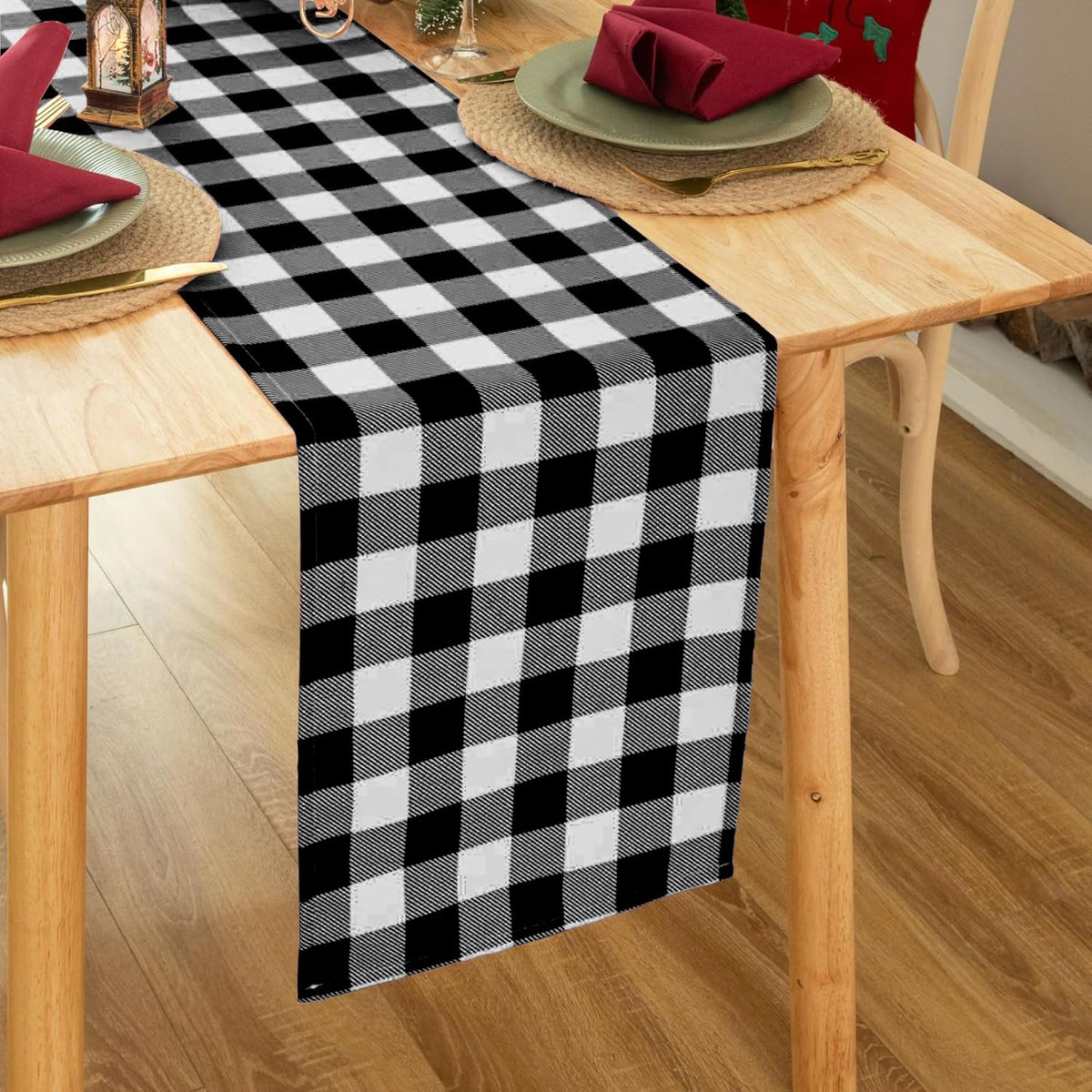 Waterproof Checkered Tablecloth Runner Fabric - Rectangle 12x108 Inch Classic Gingham Buffalo Plaid