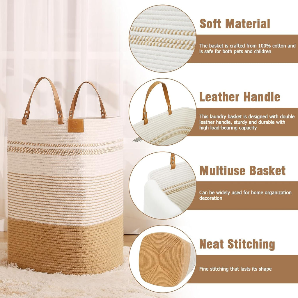 danpinera Large Laundry Hamper – 75L Tall Woven Cotton Storage Basket with Leather Handles, Slim