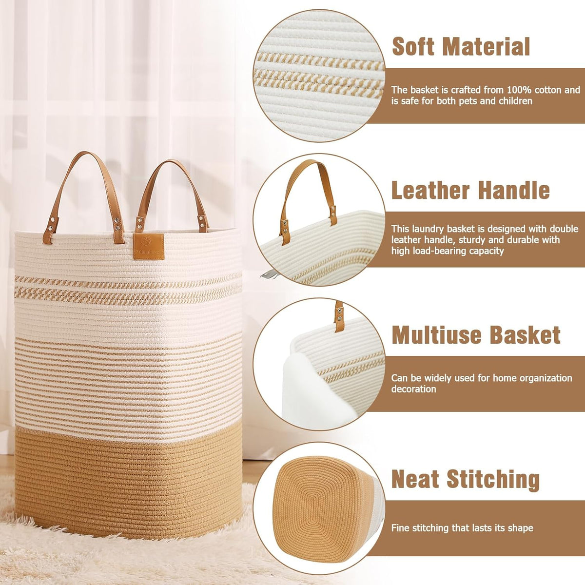 danpinera Large Laundry Hamper – 75L Tall Woven Cotton Storage Basket with Leather Handles, Slim