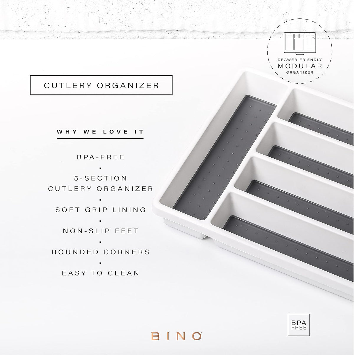 BINO | 5-Slot Silverware Organizer | Small - White Cutlery Tray Organizer | Silverware Storage for