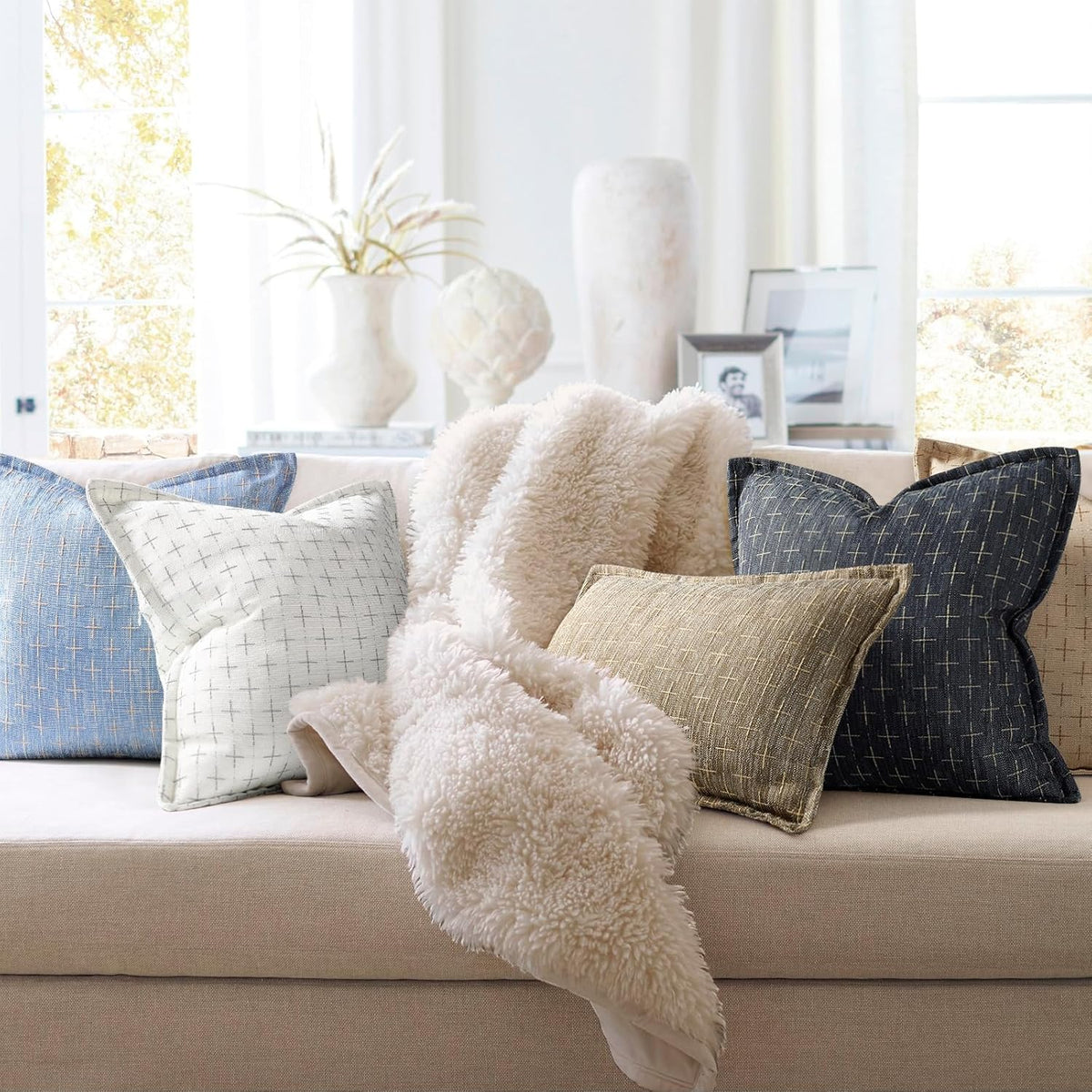 ZWJD Pillow Covers 16x16 Set of 2 Soft Polyester Textured Pillow Covers with Stylish Flange Edge