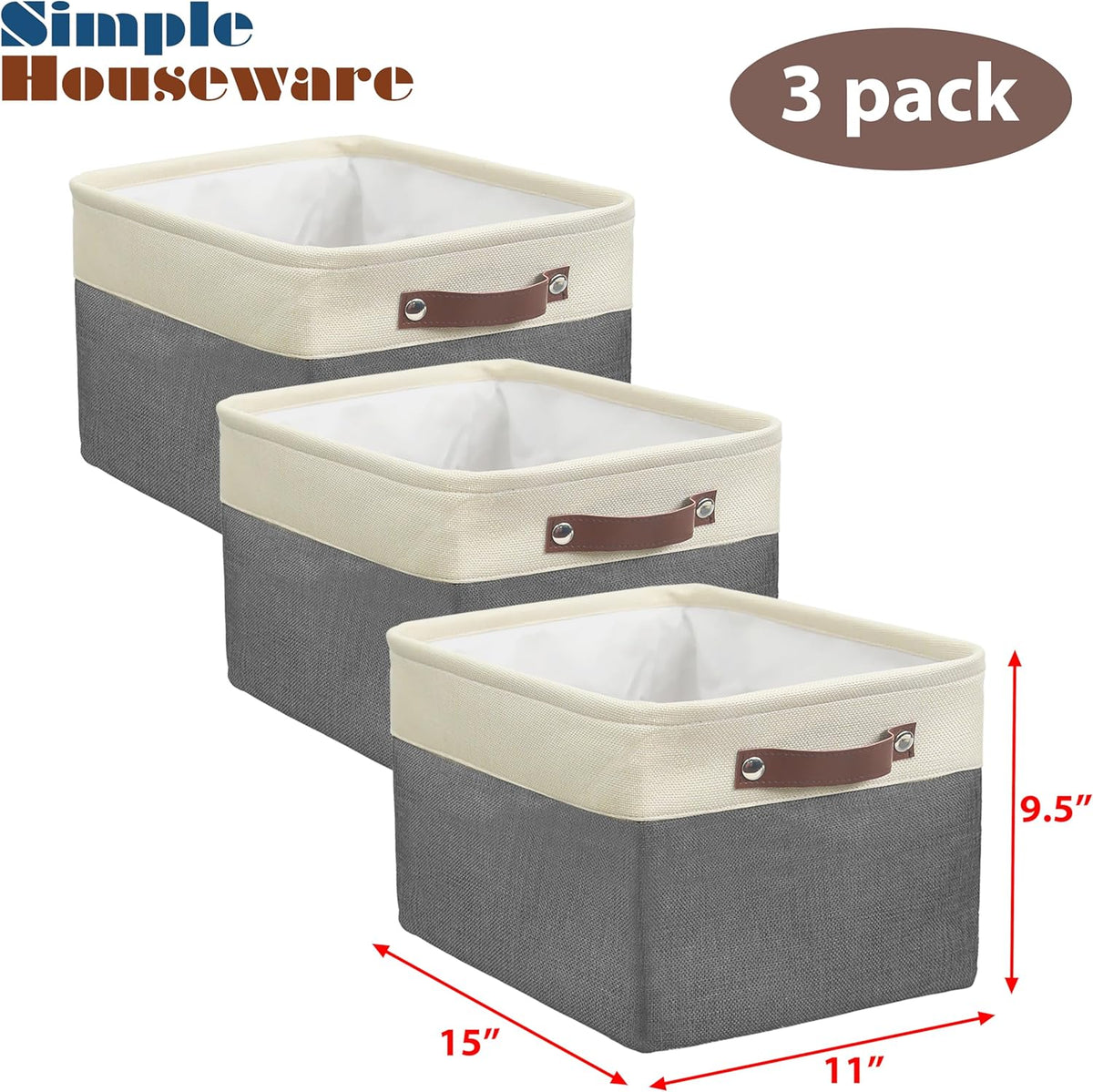 SIMPLE HOUSEWARE Large Fabric Storage Bin, 15" x 11" with Leather Like Handles, 3 Pack, Dark Gray