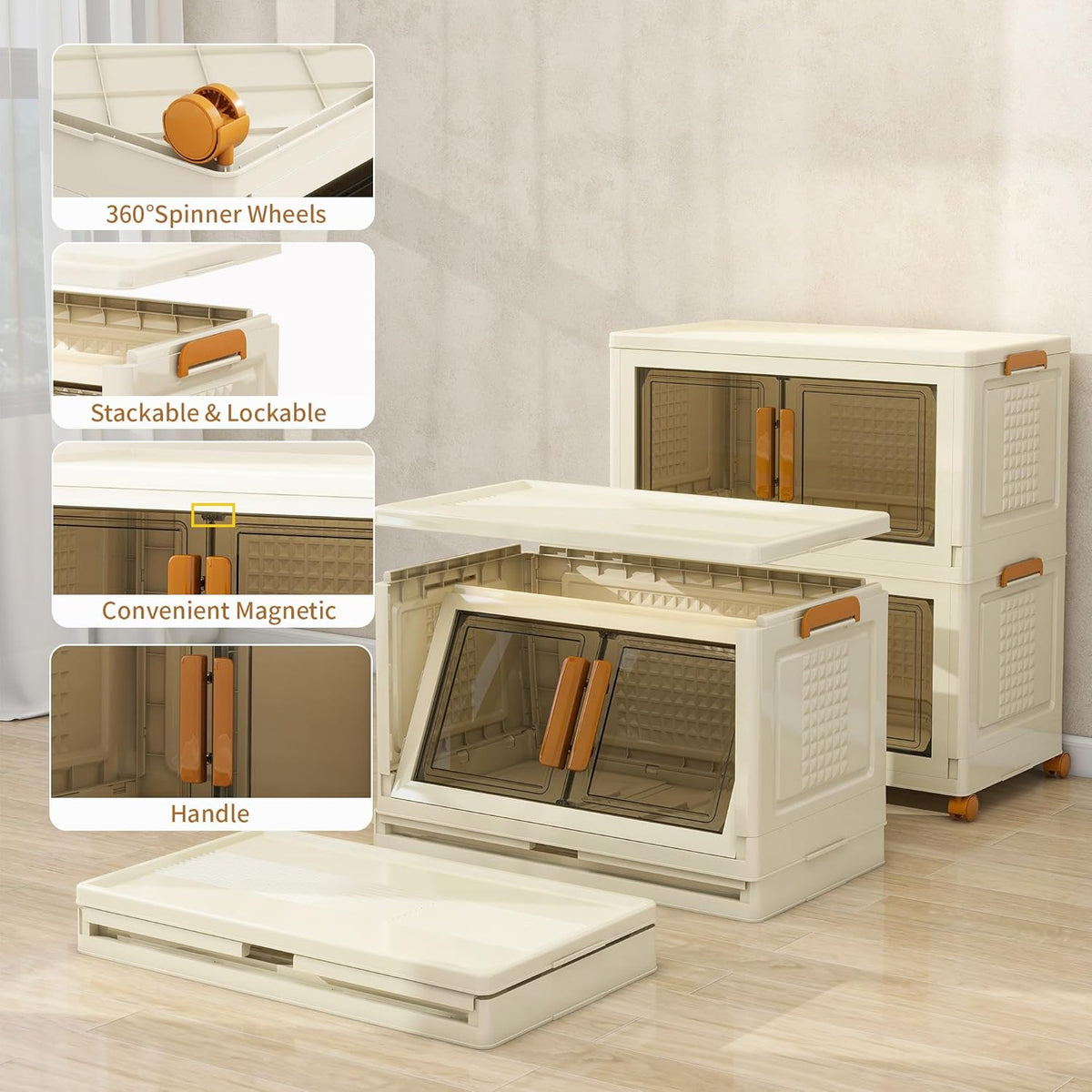 Plastic Stackable Storage Bins with Lids and Wheels, Foldable Closet Organizers and Storage