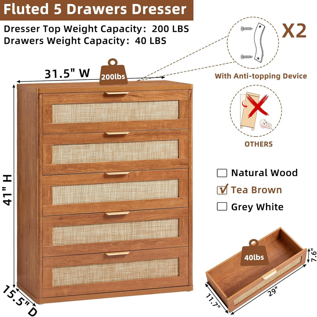 LEYAOYAO Dresser for Bedroom, 41" Tall Chest of Drawers, Modern 5 Drawers Boho Rattan Dressers with