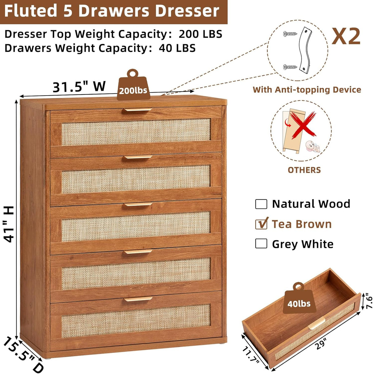 LEYAOYAO Dresser for Bedroom, 41" Tall Chest of Drawers, Modern 5 Drawers Boho Rattan Dressers with