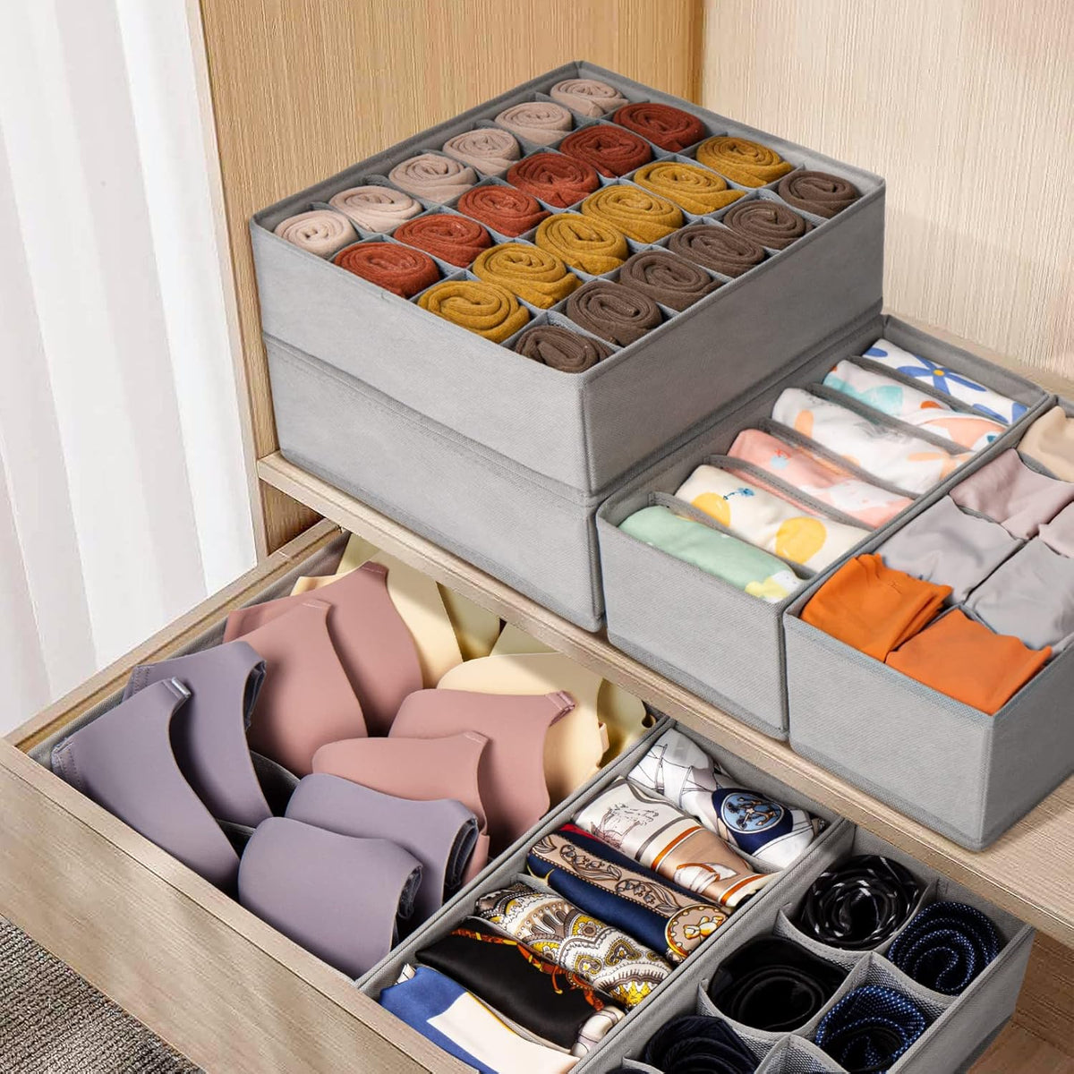 6 Pack Sock Underwear Drawer Organizer Dividers, 58 Cell Foldable Fabric Dresser Closet Organizers