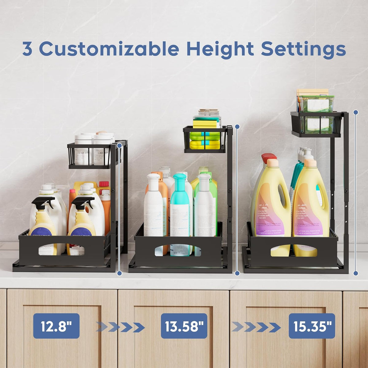 Under Sink Organizer, 2 Pack Height Adjustable Cabinet Organizer with Slide Out Drawer, Pull Out