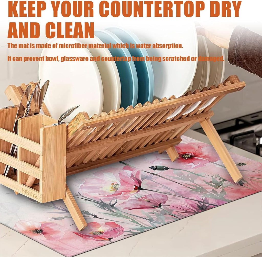 Pink Poppy Flower Dish Drying Mat for Kitchen Counter Microfiber Absorbent Dish Kitchen Drying Mat