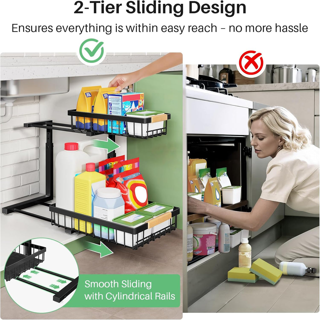 Under Sink Organizer, 2 Packs 2 Tier Under Sink Organizers and Storage, Slide out Pull out Cabinet