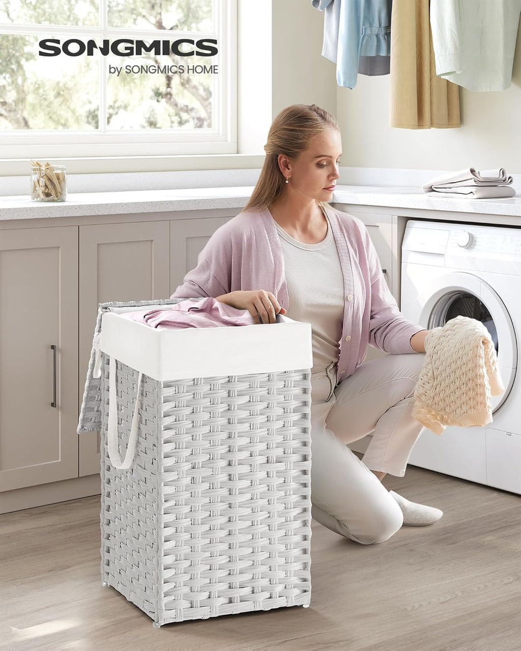 SONGMICS Laundry Hamper with Lid, 17.2 Gallon (65 L) Synthetic Rattan Clothes Laundry Basket with