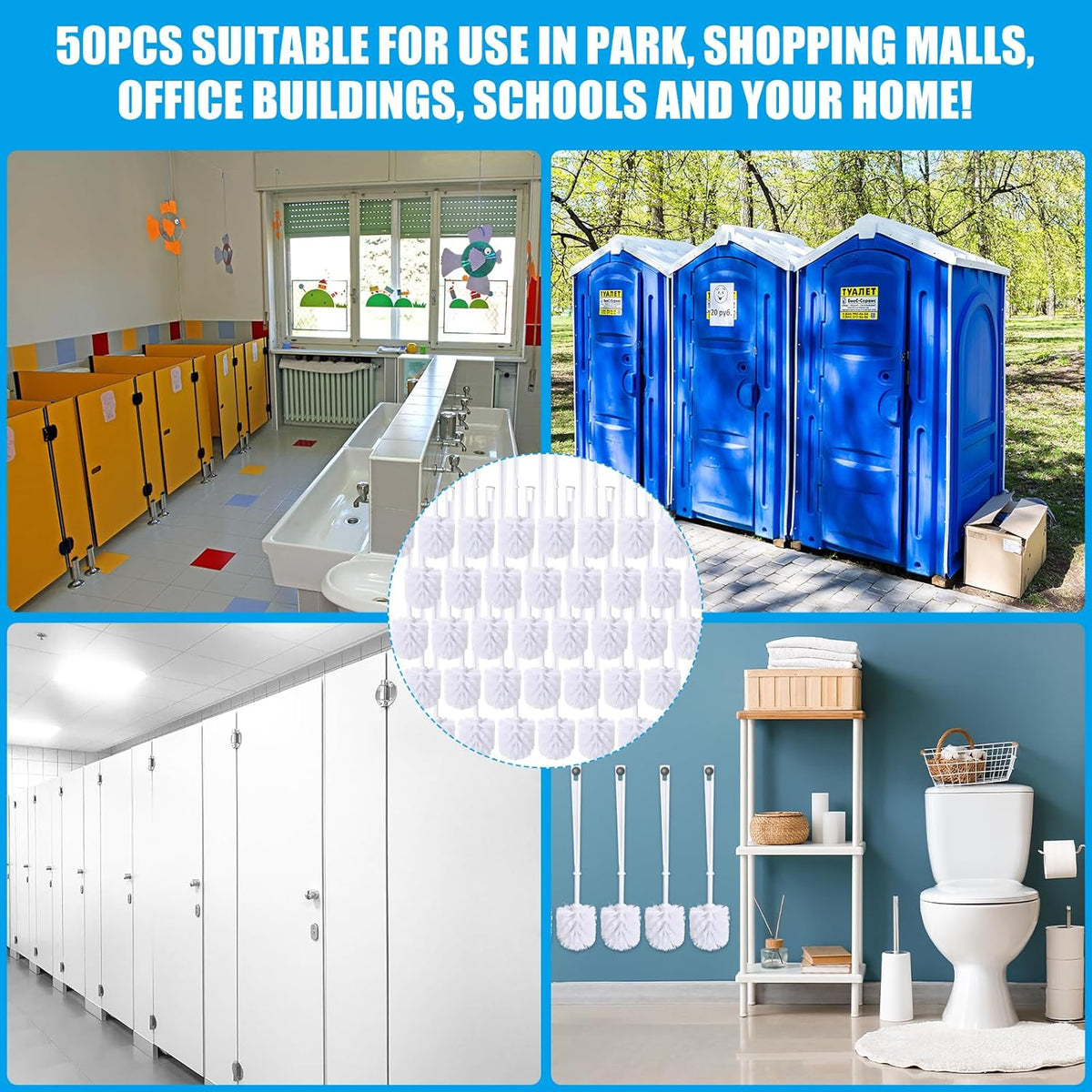 Mimorou 50 Pcs White Toilet Brush, Bathroom Toilet Bowl Brush, Soft Bristle Long Handle Plastic