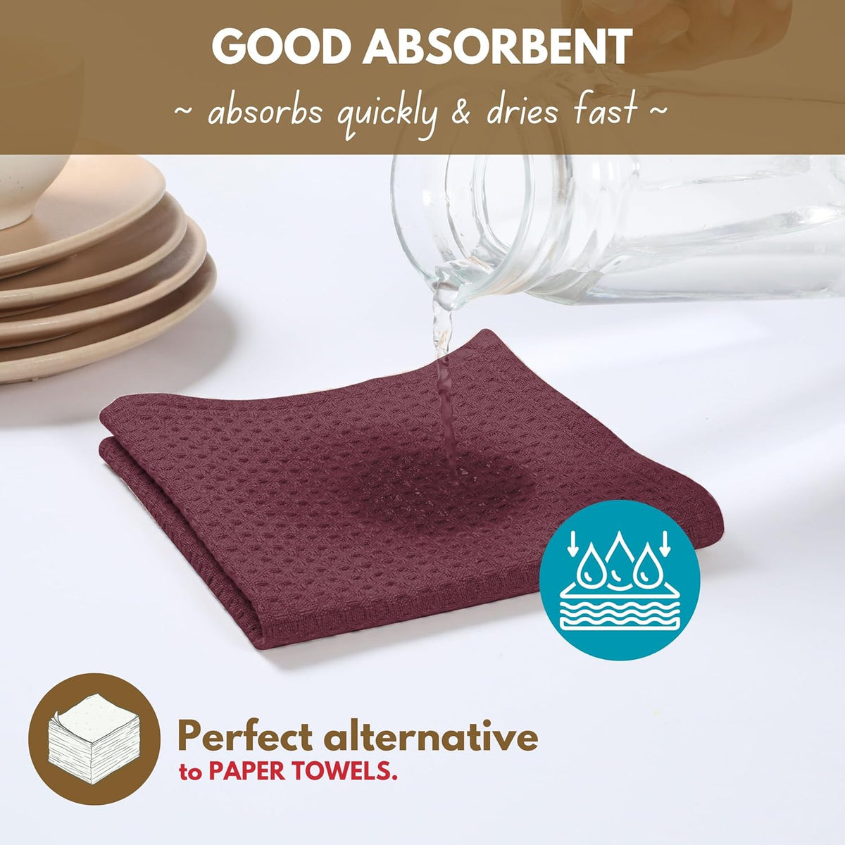 Native Fab Cotton Kitchen Towel with Hanging Loop 16x26 inches, 12-Pack, Waffle Weave Kitchen