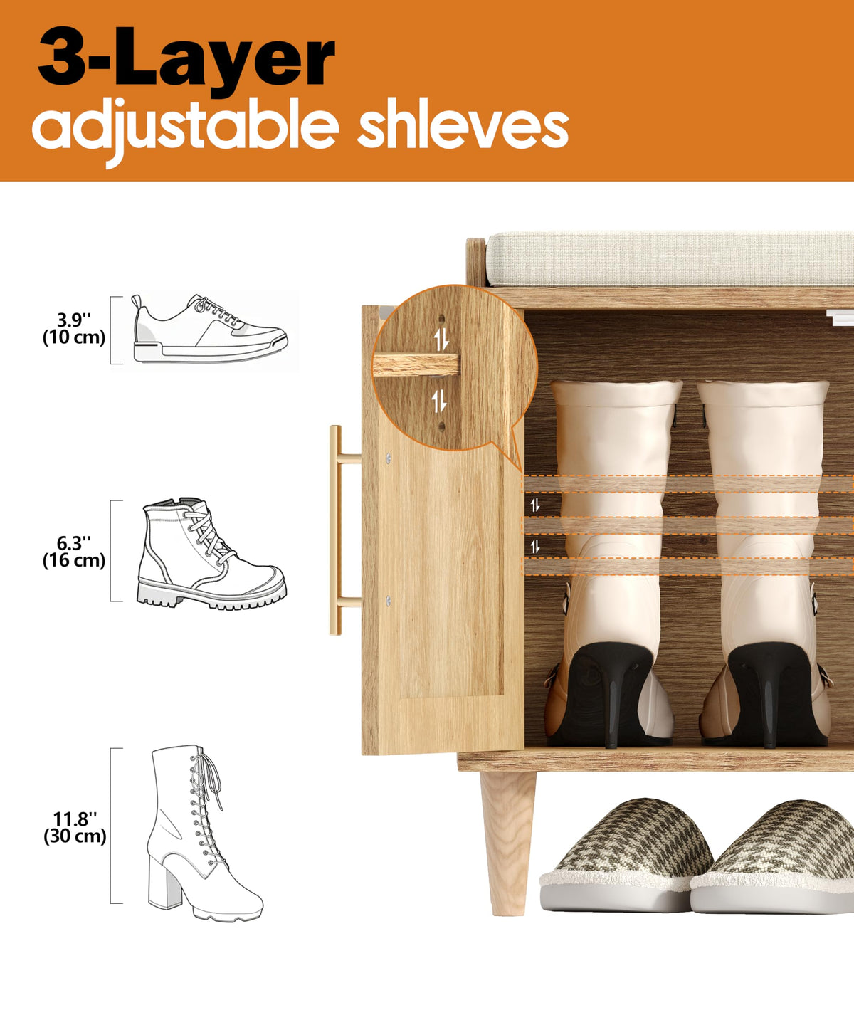 Akxomel 47.2" Rattan Shoe Storage Bench 4 Doors Wooden Entryway Bench Oak