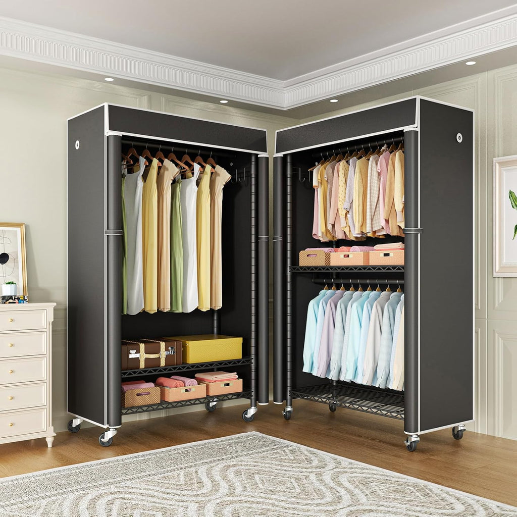 FUTASSI Clothing Rack with Cover, P1C Rolling Closets with Wheels, Metal Garment Rack for Hanging