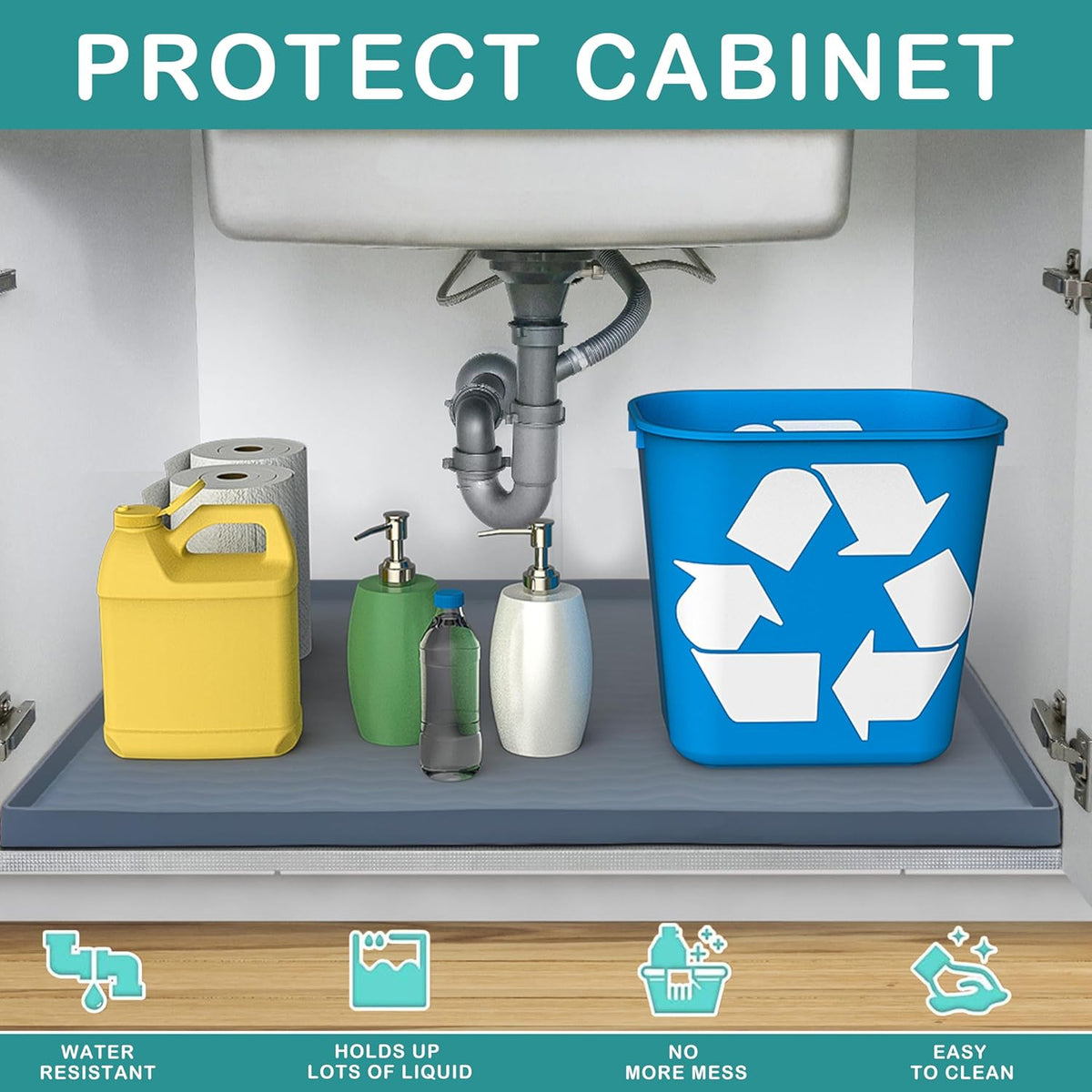 URMONA Waterproof Silicone Under Sink Mat 40'' x 22'' Shelf Liner for Kitchen and Bathroom, Cabinet