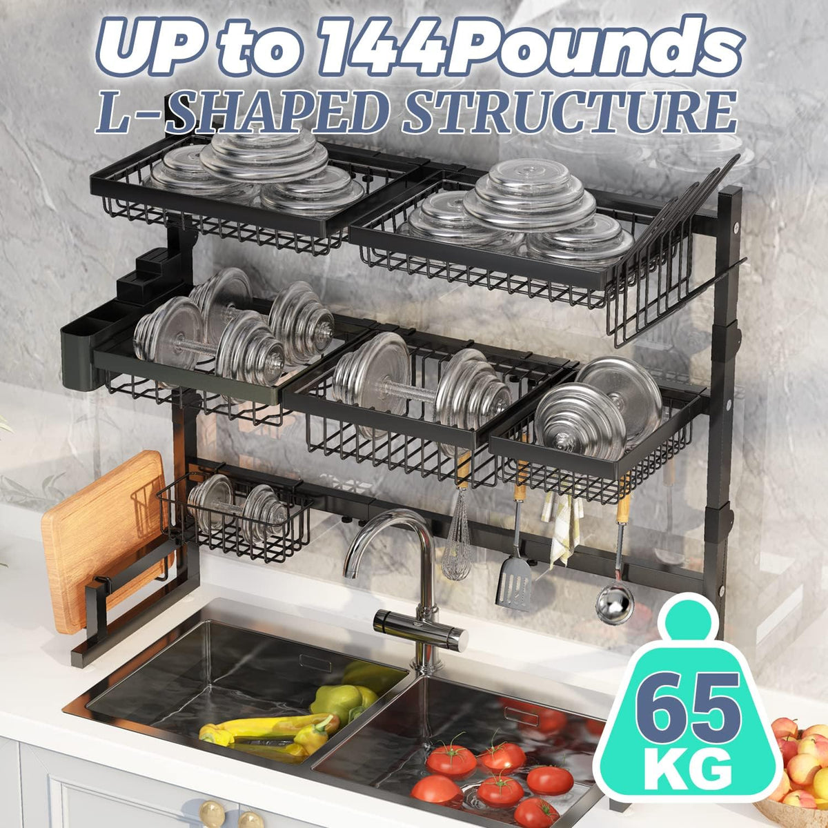 Over Sink Dish Drying Rack (Expandable Height/Length) Snap-On Design Large Dish Drainer Storage