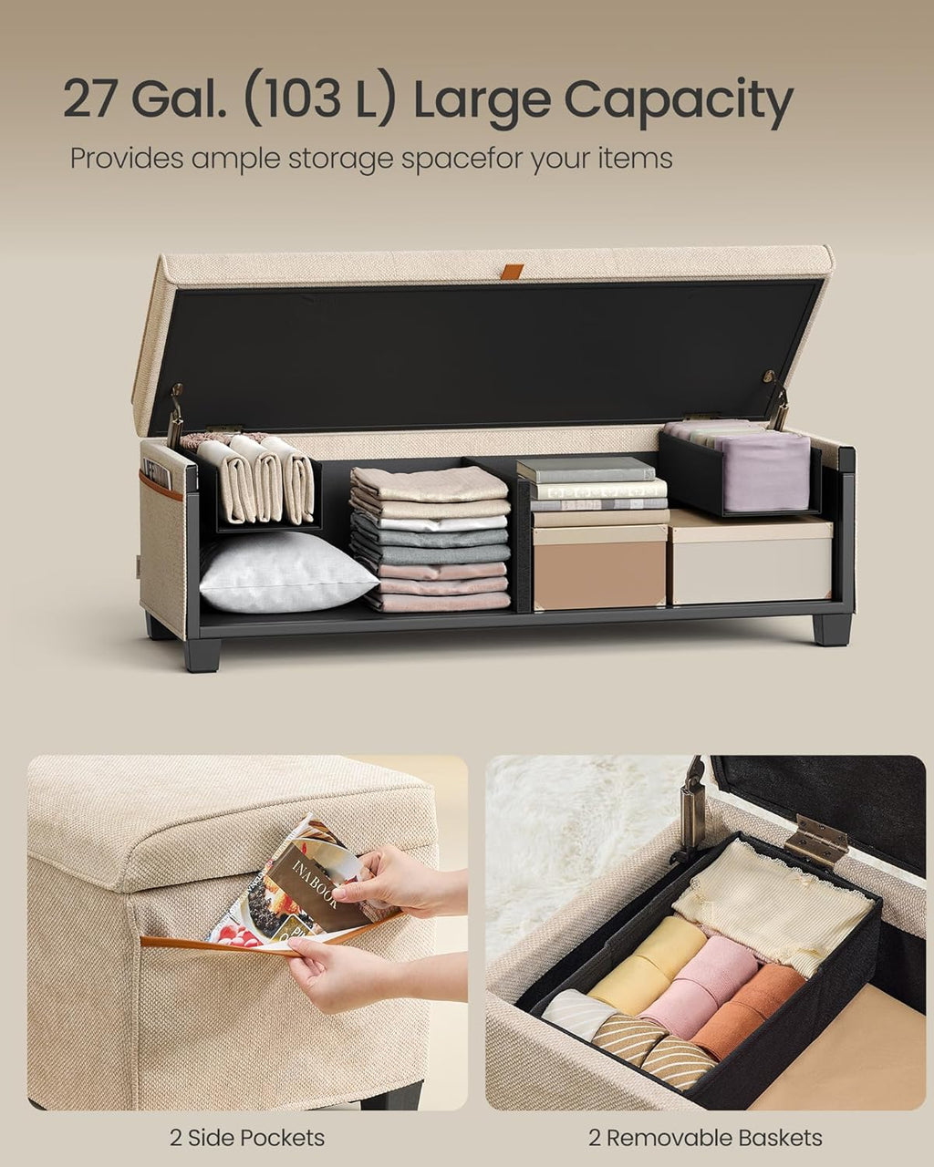 SONGMICS Storage Ottoman Bench, Storage Chest, 15.7 x 43.3 x 15.7 Inches, End of Bed Bench, 27 Gal.