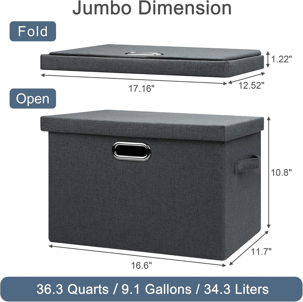 Large 17" 36 Quart Collapsible Stackable Storage Bins with Lids, 3 Packs Dark Gray Foldable Fabric