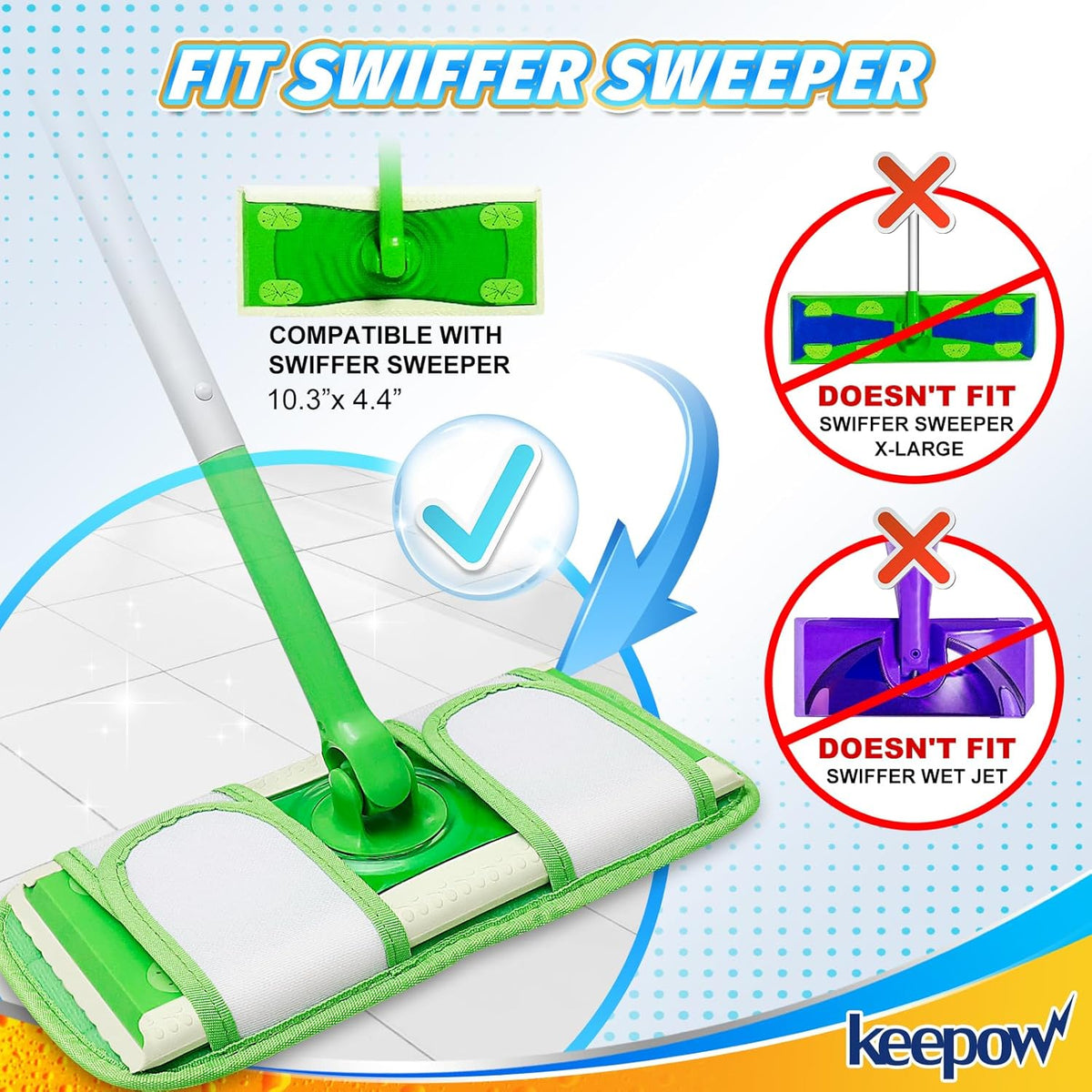 Reusable Pads Compatible with Swiffer Sweeper Mops - Washable Microfiber Mop Pad Refills - 12 Inch