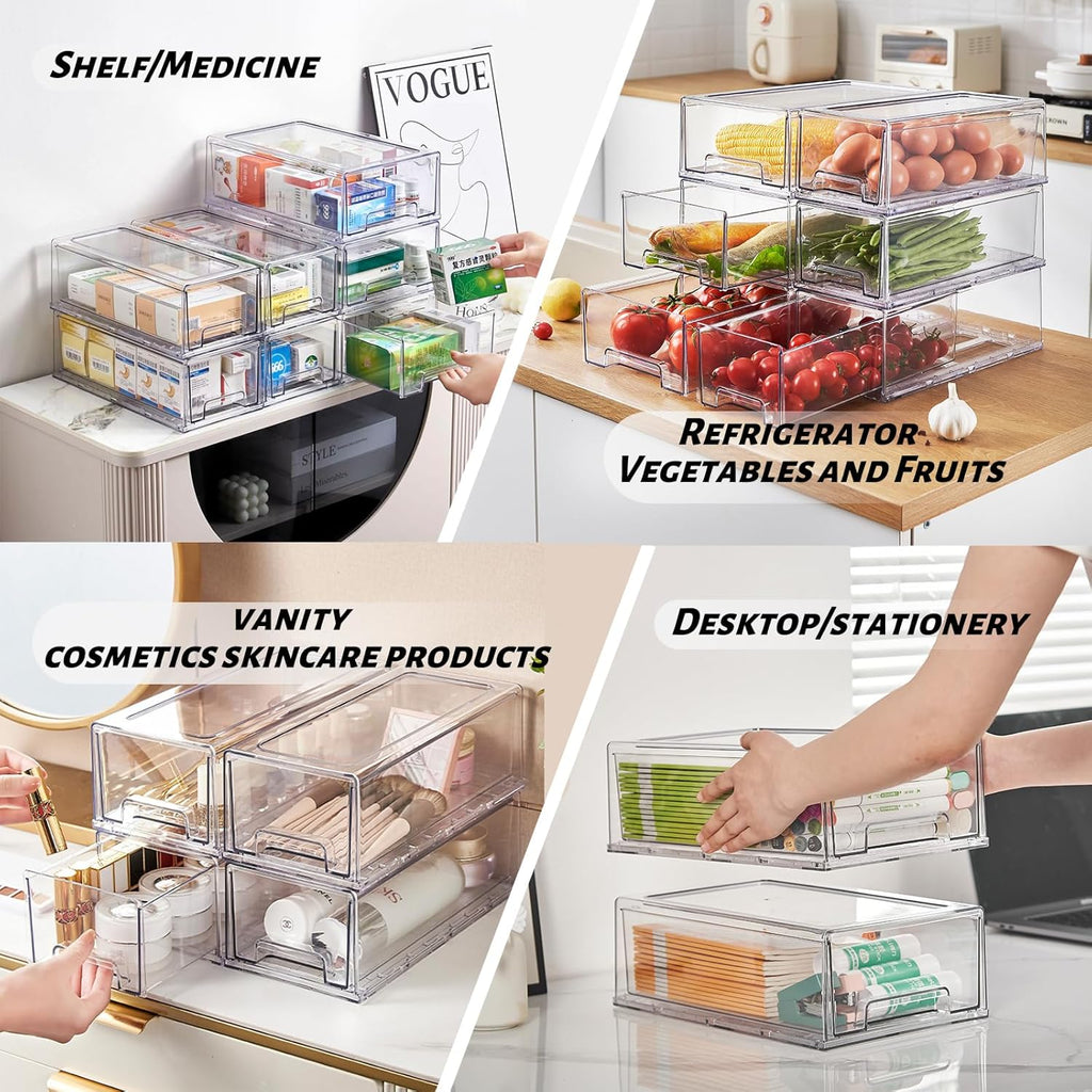 PeJeyiee Clear Stackable Refrigerator Organizers and Storage Drawers - Pull-Out Fridge Bins with
