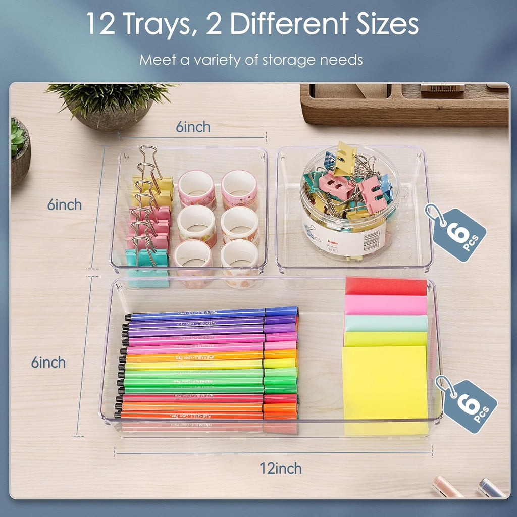 12 Pack Large Clear Plastic Drawer Organizer Set, Acrylic Bathroom Organizer Vanity Trays Dividers
