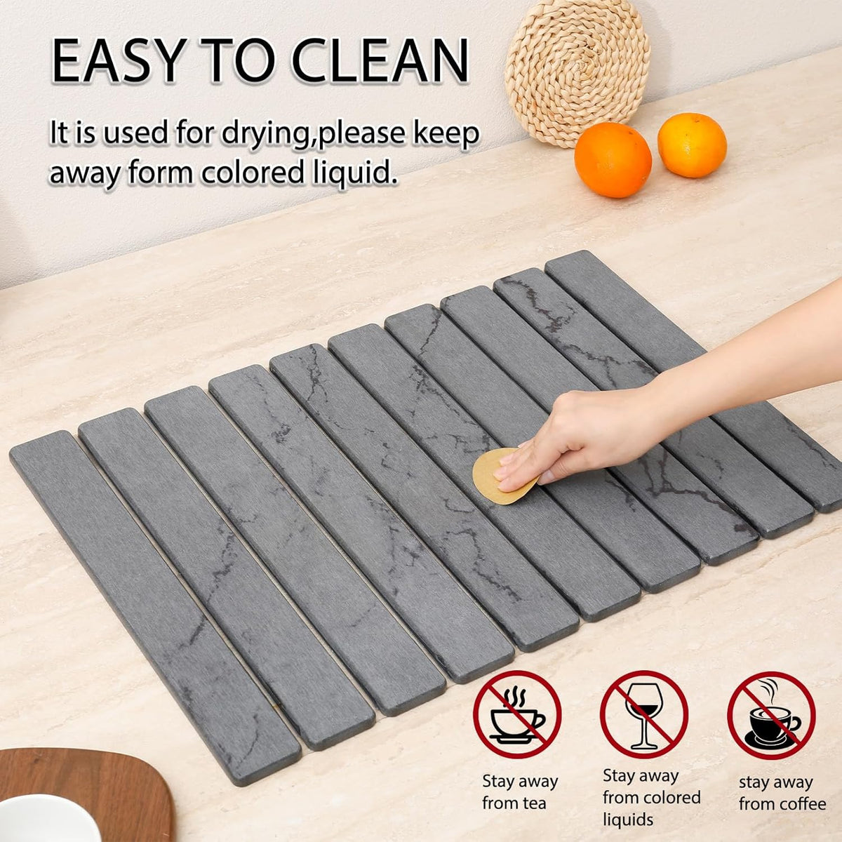 Stone Drying Mat for Kitchen Counter 24"×16" ,Large Dish Drying Mat with Drainage Grooves, Non-Slip