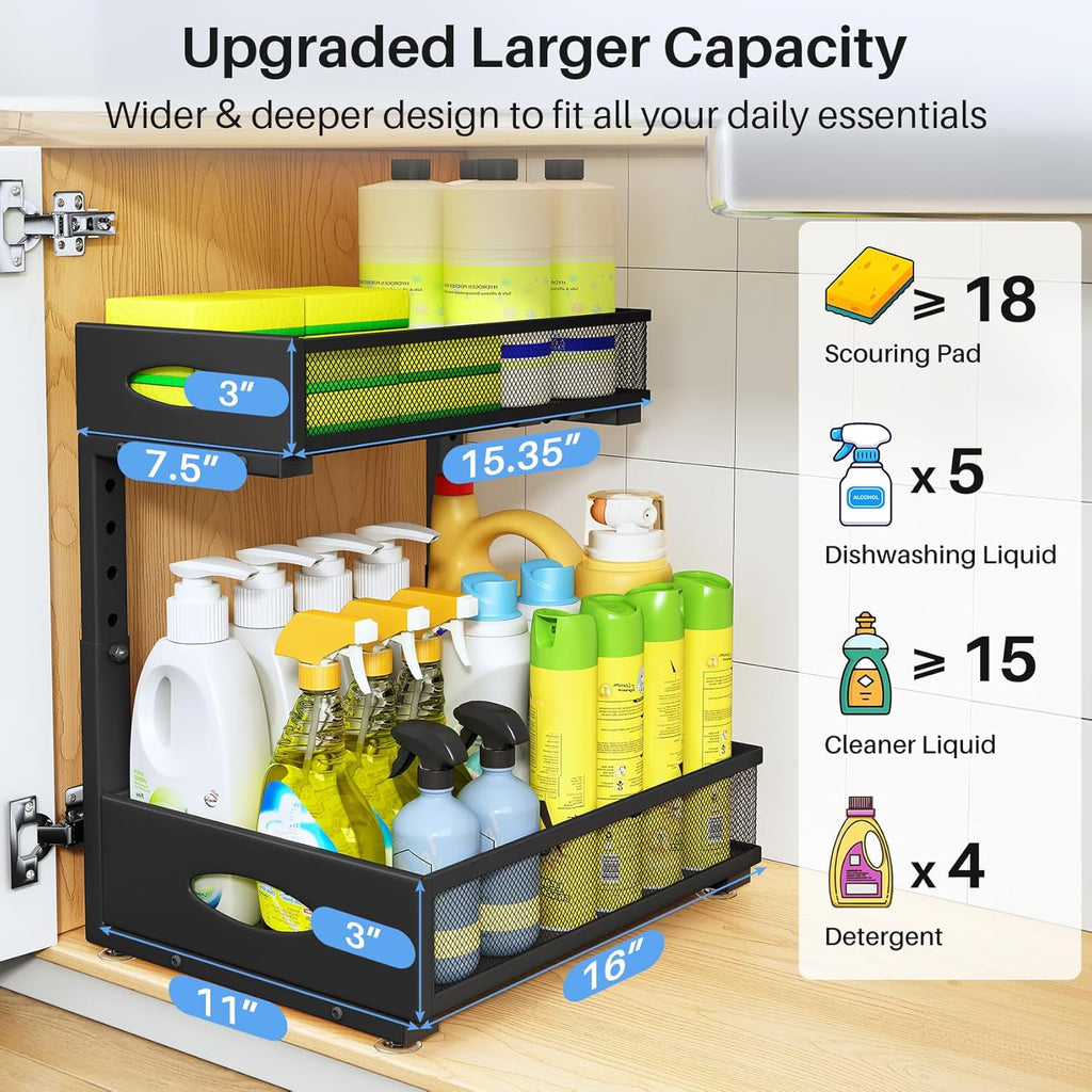 Under Sink Organizer, 2 Pack 2 Tier Pull Out Under Cabinet Organizer Shelf with Pad for Framed