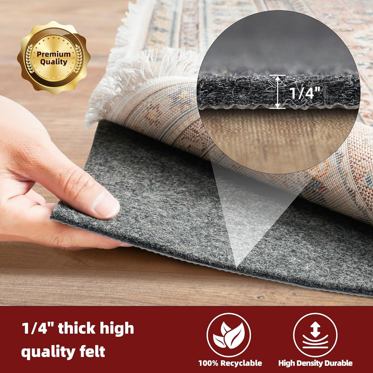 BAGAIL Felt and Natural Rubber Backing Rug Pads 1/4” Thick, 6 x 9 Ft Non Slip Carpet Gripper Keep