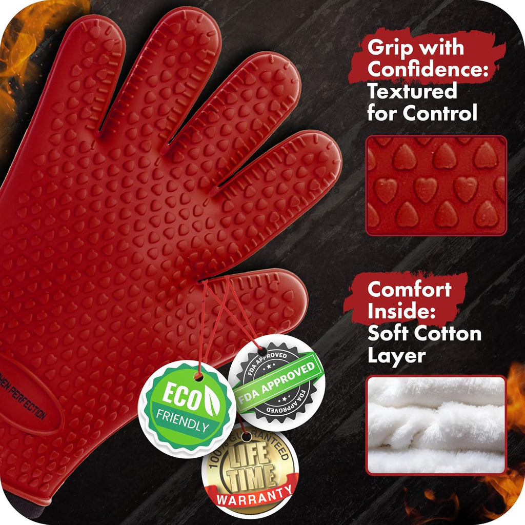KITCHEN PERFECTION XL Silicone Smoker Oven Gloves-Extreme Heat Resistant BBQ Gloves-Handle Hot Food