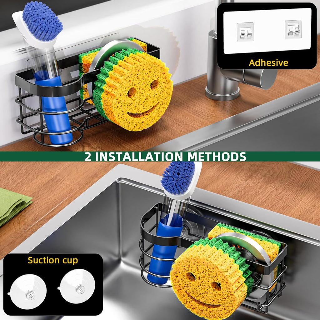 Cisily Smiley Sponge Holder for Kitchen Sink Caddy, Stainless Steel Movable Brush Holder Dish Cloth