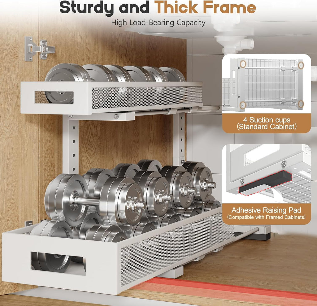 2 Pack 19IN Depth Under Sink Storage Organizer, Large 2-Tier Elegant Mesh Pull Out Shelf for